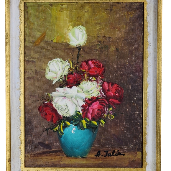 Vintage 1970 Ann Julia Rant Oil Painting, Still Life Red & White Roses 6" x 8" - Picture 4 of 5